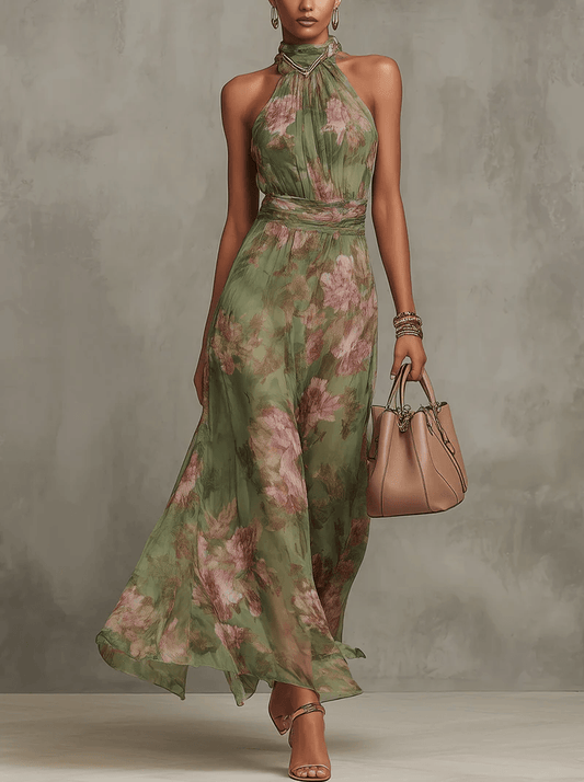 Women's Floral Halterneck Maxi Dress in Olive Green Chiffon for Fall