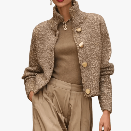 Women's Cropped Knit Blend Sweater with Stand Collar and Long Sleeves