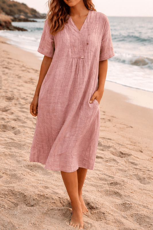 Relaxed Linen Midi Dress with V Neck for Fall Wedding Guest Looks