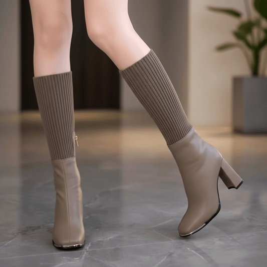 Women's Stretch Knit Block Heel Boots with Synthetic Leather Trim for Winter
