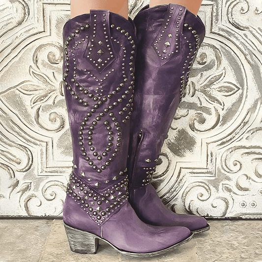 Riloh Women's Studded Pointed-Toe Knee-High Western Leather Boots