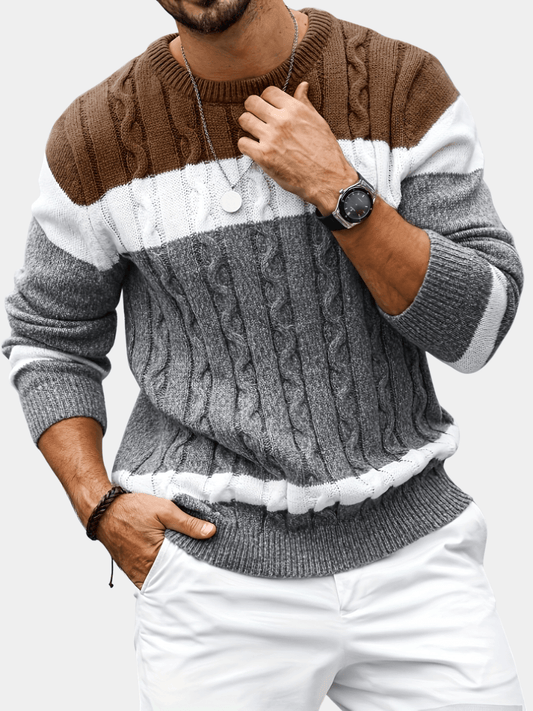 Men's Cable Knit Color Block Crewneck Sweater