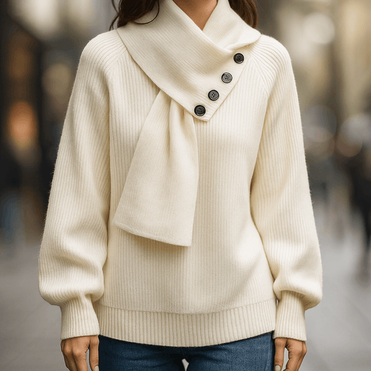 Aurelia Scarf-Neck Ribbed Women's Knitted Sweater with Button Detail