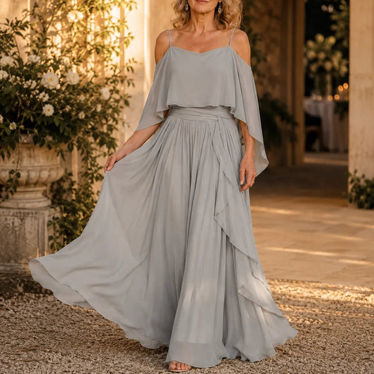 Solavia Cold Shoulder Chiffon Maxi Dress with Cascading Side Drape