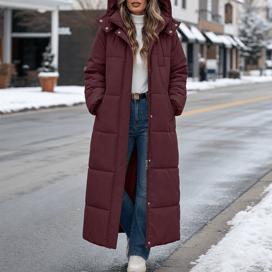 Women's Long Hooded Puffer Jacket with Side Pockets and Polyester Fill