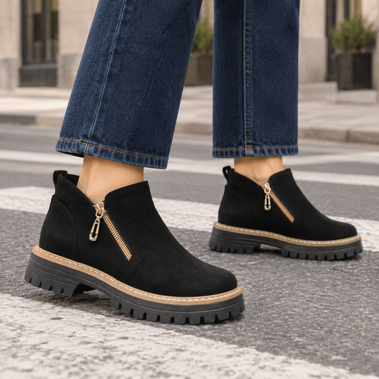 Women's Lugged-Sole Suede Ankle Boots with Side Zip