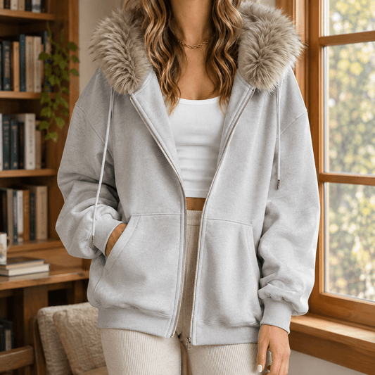 Women's Oversized Full-Zip Hoodie with Fur-Trimmed Hood