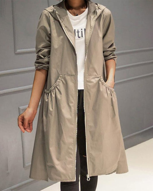 Maialen Hooded Oversized Zip-Front Trench Coat with Pockets
