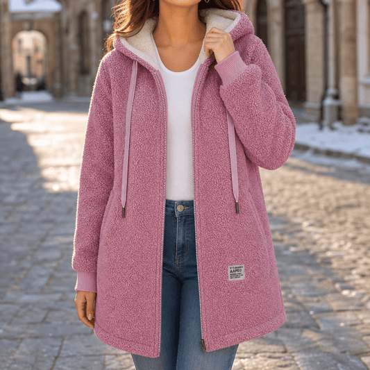 Women's Hooded Sherpa Pile Fleece Jacket with Drawstring
