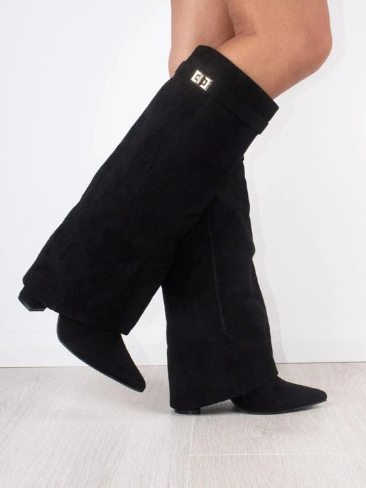 Foldover Pointed-Toe Knee-High Suede Winter Boots for Women with Wedge Heel