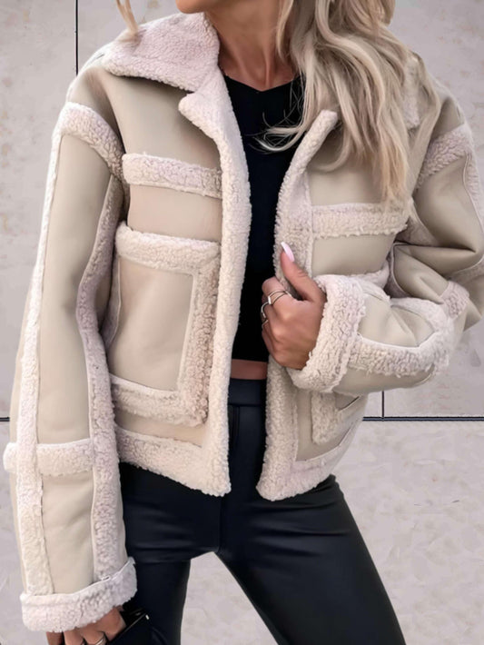 Women's Faux Shearling Panelled Jacket with Notch Collar