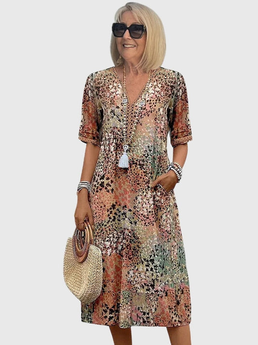 Bella Floral V-Neck Woven Midi Dress with Pockets for Women
