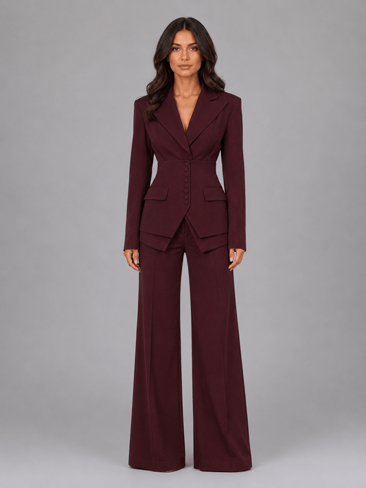 Cinched-Waist Blazer and Wide-Leg Tailored Trouser Two-Piece Suit for Women