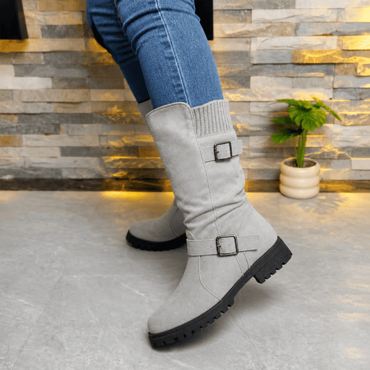 Women's Suede Slouch Winter Boots with Ribbed Cuff and Lug Sole