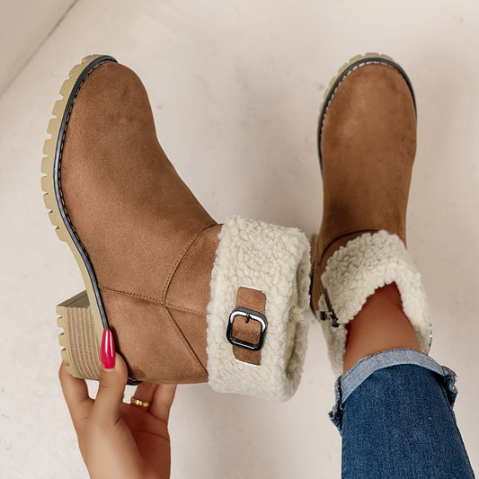 Women's Faux Shearling Cuff Ankle Boots with Buckle Detail