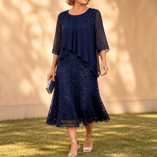 Elavine Lace Overlay Chiffon Midi Dress with Sheer Sleeves for Women