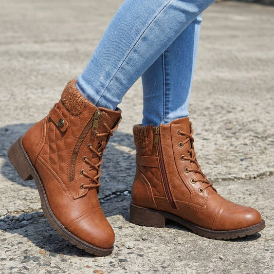 Quilted Lace-Up Combat Boots with Side Zip and Knit Cuff