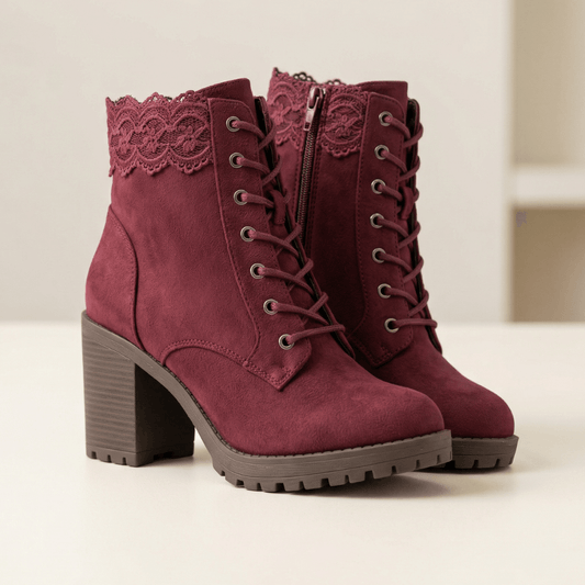 Lace-Trim Suede Ankle Boots with Chunky Block Heel for Women