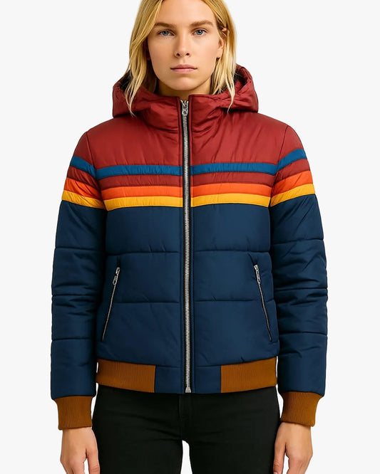 Women's Hooded Quilted Puffer Jacket with Striped Chest Bands in Polyester