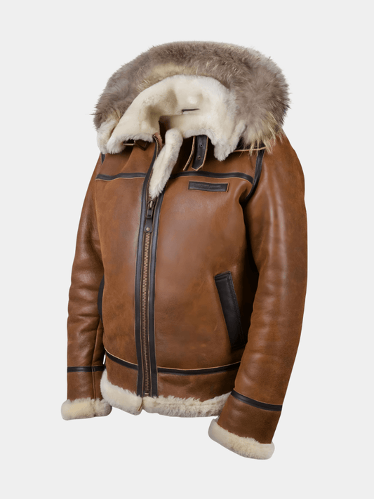 Shearling Aviator Bomber Jacket with Fur-Lined Hood for Men