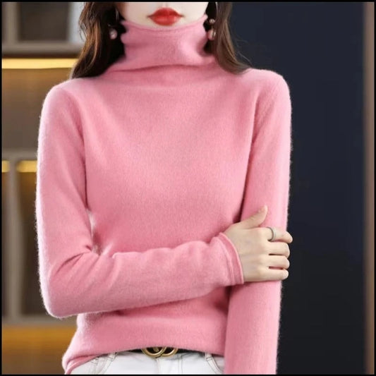 Women's Wool Blend Turtleneck Knitted Sweater with Ribbed Cuffs