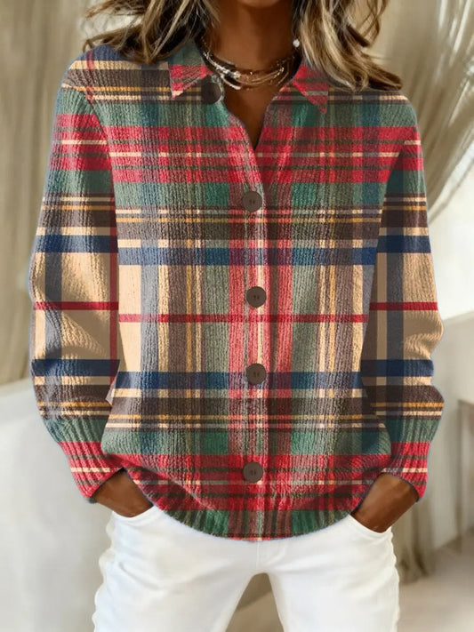 Esmeralda Plaid Flannel Button-Up Blouse with Long Sleeves for Women