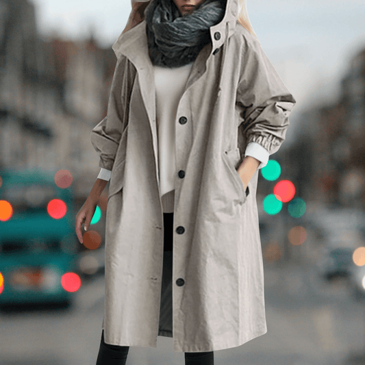 Karmele Hooded High-Neck Longline Trench Coat with Belted Waist