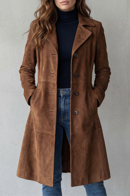 Suede-Finish Longline Coat with Tailored Waist for Women