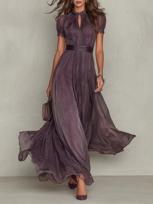 Lace-Trim Gathered Waist Ombre Chiffon Maxi Dress for Fall