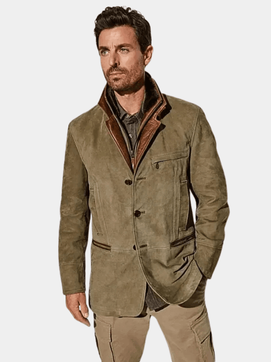 Men's Suede Blazer Jacket with Contrast Leather Collar
