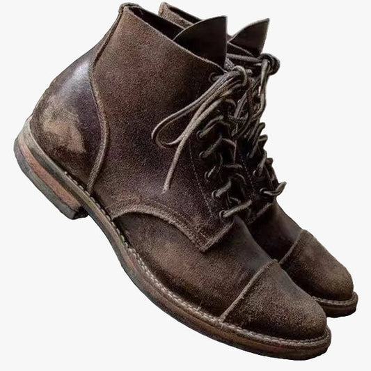 Distressed Leather Lace-Up Mens Boots with Cap Toe Stitching