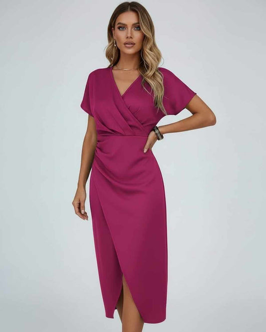 Women's Wrap Midi Dress with Draped Waist and Split Hem in Polyester Blend for Fall