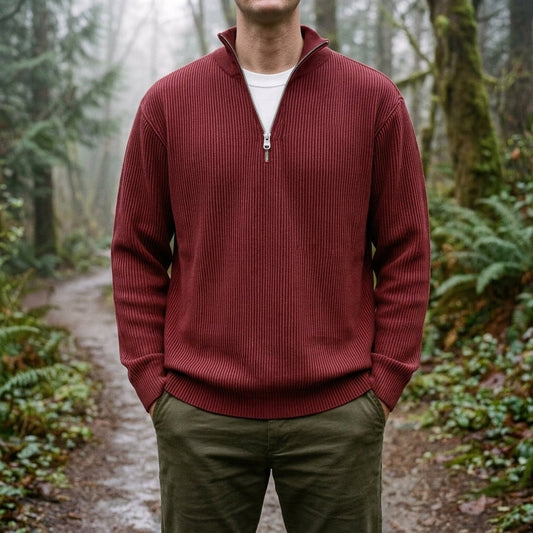 Men's Ribbed Quarter-Zip Knit Sweater with Brushed Interior