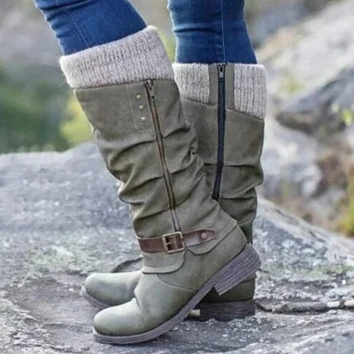 Women's Knee-High Faux Suede Winter Boots with Sweater Cuff and Buckle