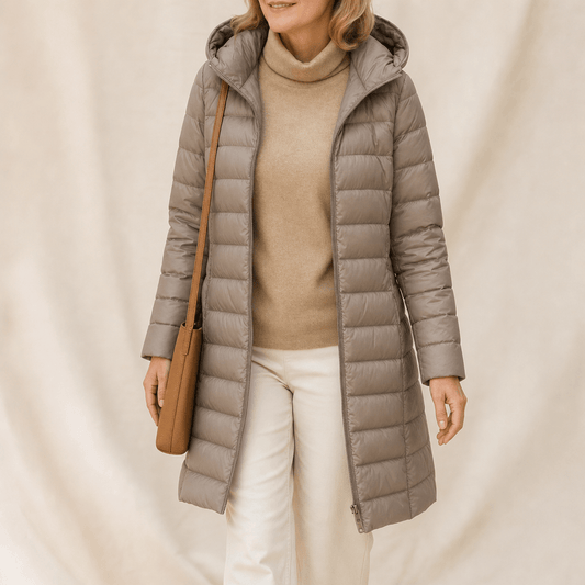 Women's Long Quilted Puffer Jacket with Hood in Polyester