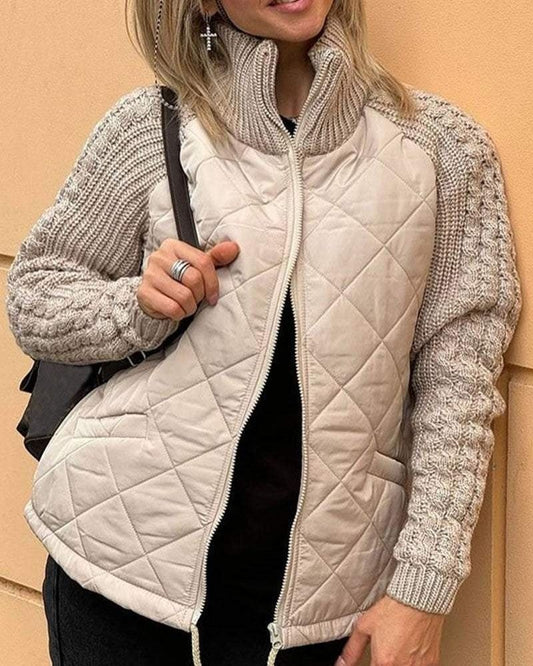 Quilted Puffer Jacket with Knit Sleeves for Women