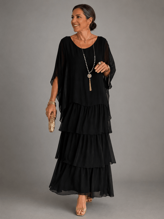Tiered Ruffle Flutter-Sleeve Chiffon Long Dress for Women