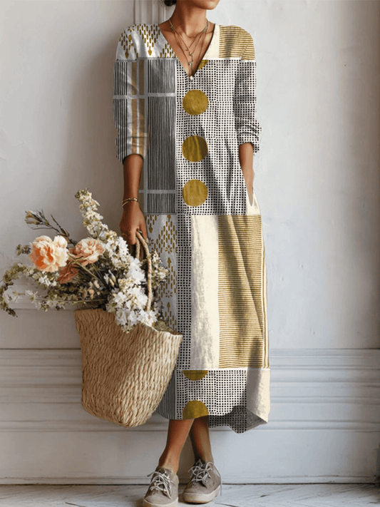 Women's Fall Geometric Print Linen Tunic Dress with Pockets