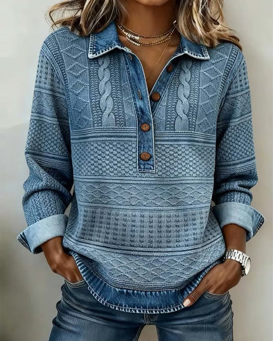 Women's Cable Knit Half-Button Collared Long Sleeve Top