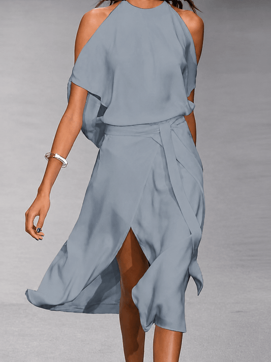 Open Shoulder Asymmetric Midi Dress with Tie Waist for Fall Wedding Guest Looks