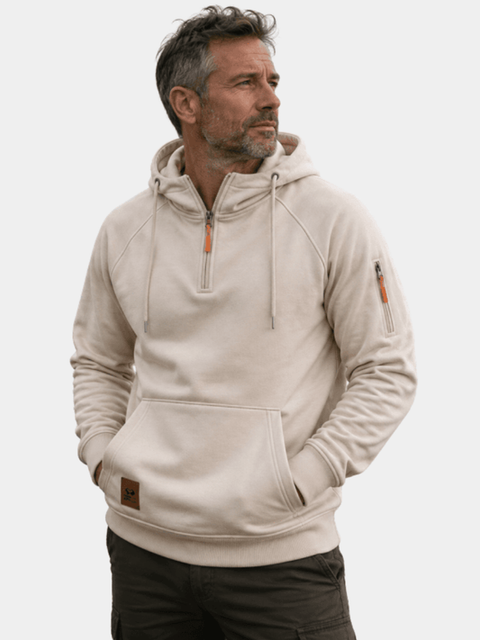 Men's Half-Zip Pullover Hoodie with Adjustable Hood and Sleeve Pocket