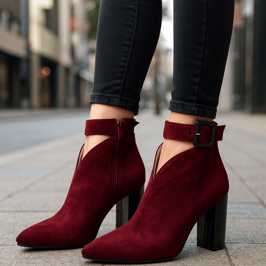V-Cut Suede Ankle Boots with Block Heel and Slim Buckle Accent