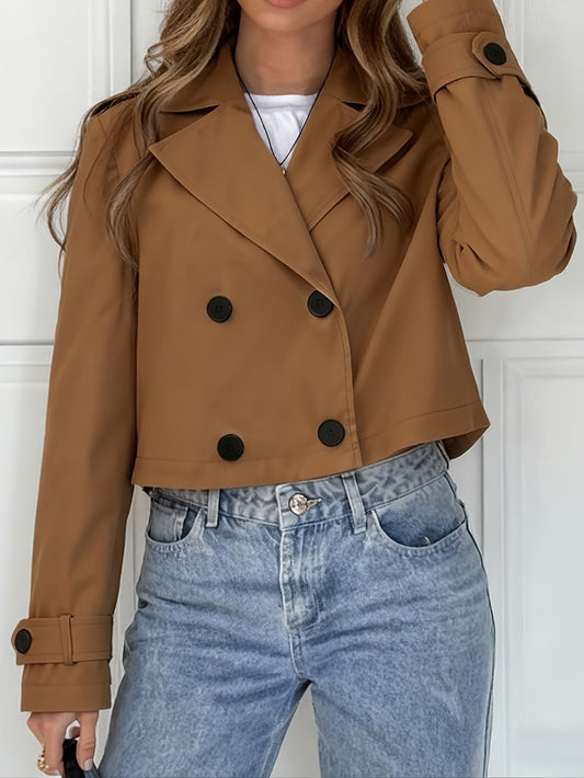 Cropped Double-Breasted Wool-Blend Pea Coat with Notched Lapel and Button Cuffs
