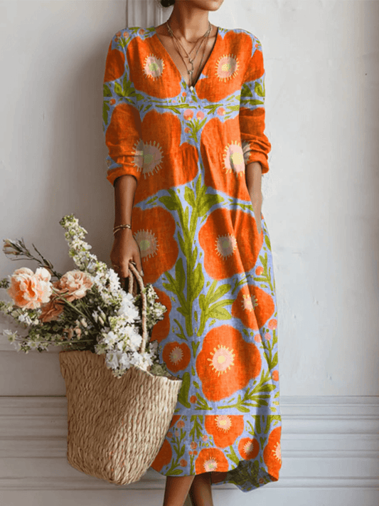 Women's Floral Print Cotton Linen Maxi Dress with Pockets for Fall