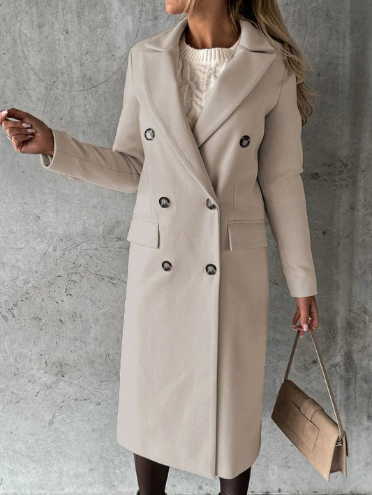 Sibilla Double-Breasted Longline Wool Blend Pea Coat with Notched Collar