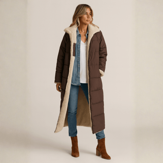 Sasha Women's Longline Sherpa-Lined Puffer Winter Coat with Shearling Collar