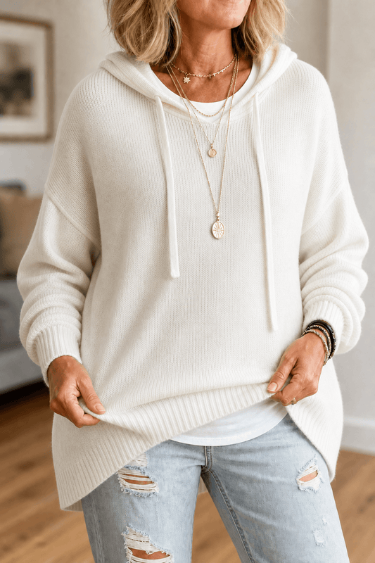 Women's Oversized Hooded Knitted Sweater with Drawstring