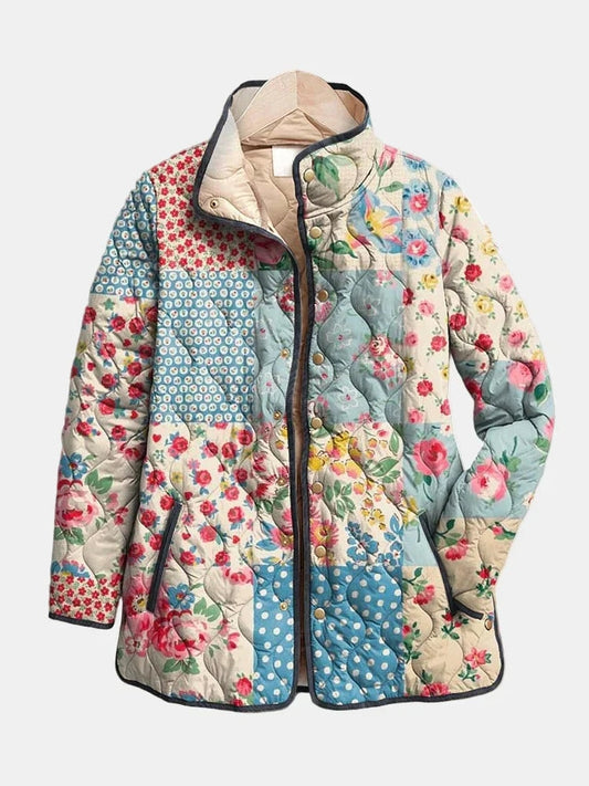 Women's Quilted Floral Patchwork Puffer Jacket with Funnel Neck