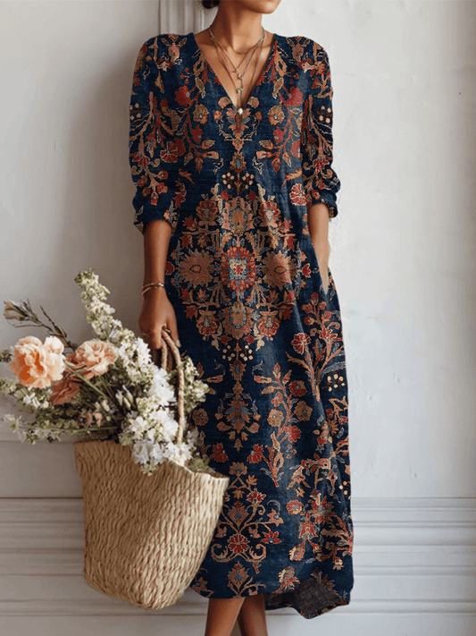 Vintage Floral Print Linen Tunic Dress with Pockets for Fall