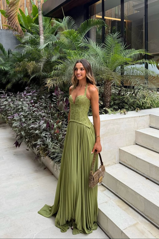 Kenley Pleated Lace Corset Maxi Dress for Homecoming and Weddings